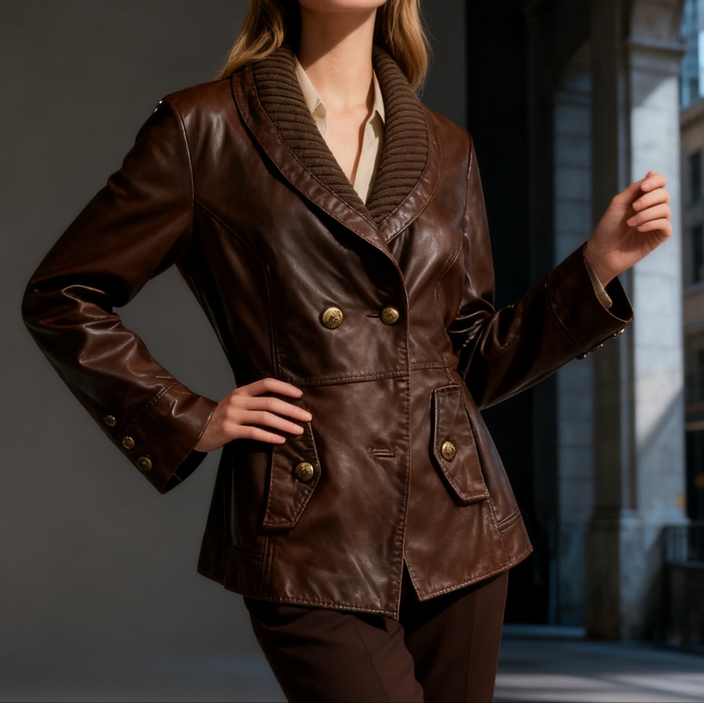 Guess Vintage Brown Leather Jacket with Knit Shawl Collar,
